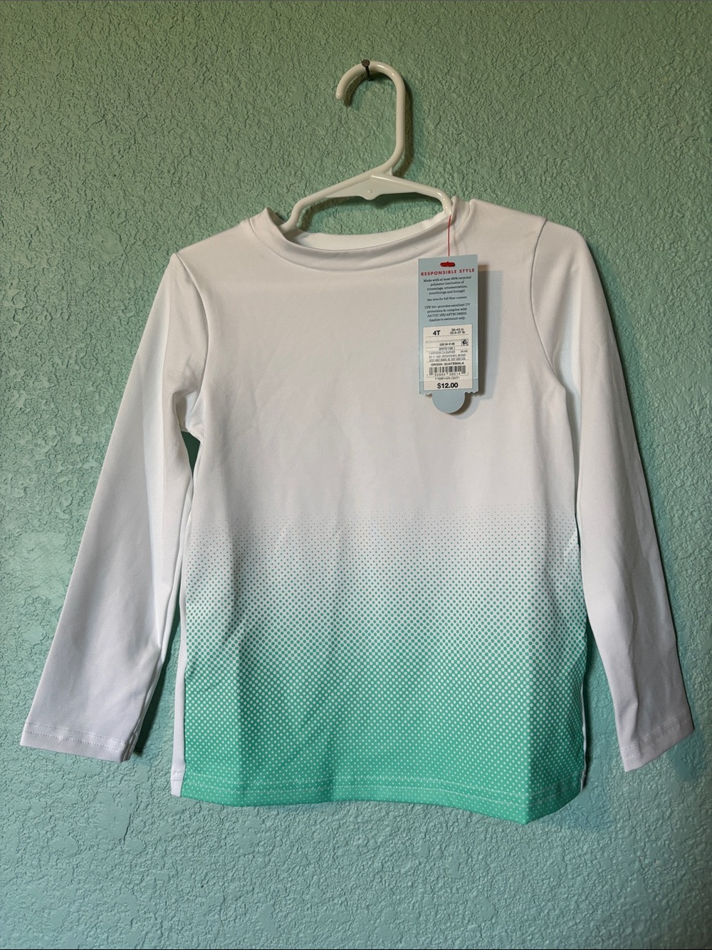 Kids White and Teal Long-Sleeve Rashguard, 4T - NWT